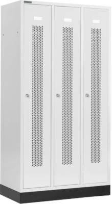 Schäfer Shop Select Kleiderspind, mit gelochten Streifen, 3 Abteile, 300 mm, mit Sockel, Zylinderschloss, Tür lichtgrau