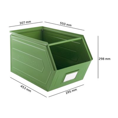 Schäfer Shop Select magazijnbak met open voorzijde, met draagbeugel, L 550 x B 307 x H 298 mm, 40 l, 150 kg, staal, RAL 6011 (resada groen)
