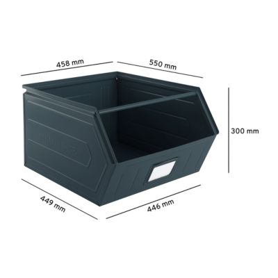 Schäfer Shop Select magazijnbak met open voorzijde, met draagbeugel, L 550 x B 458 x H 300 mm, 60 l, 130 kg, staal, RAL 5008 (grijsblauw)