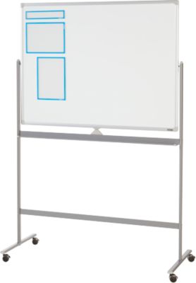 Schäfer Shop Select Mobiles Whiteboard, 2-seitig nutzbar, weiß lackiert, drehbare Tafel, 4 Lenkrollen, H 900 x B 1200 mm + 3-teiliges Magnetrahmenset