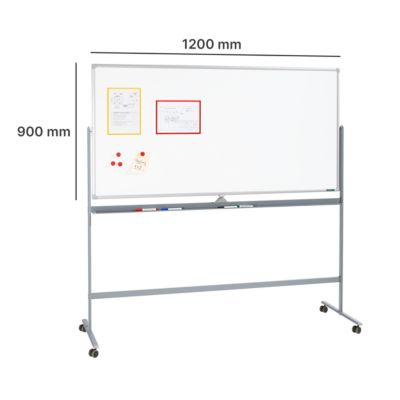 Schäfer Shop Select Mobiles Whiteboard, um 360° drehbare Tafel, weiß lackiert, Ablageschale, 4 Lenkrollen, B 1200 x H 900 mm