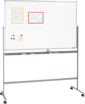 Schäfer Shop Select Mobiles Whiteboard, um 360° drehbare Tafel, weiß lackiert, Ablageschale, 4 Lenkrollen, B 1500 x H 1000 mm