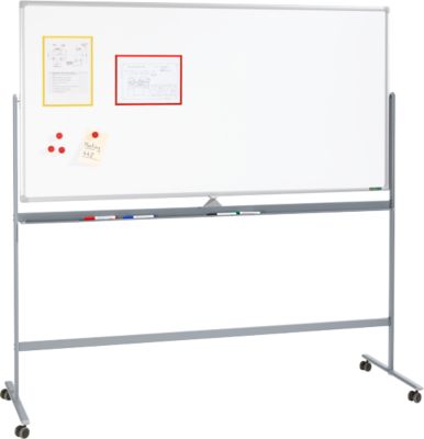 Schäfer Shop Select Mobiles Whiteboard, um 360° drehbare Tafel, weiß lackiert, Ablageschale, 4 Lenkrollen, B 1800 x H 1200 mm
