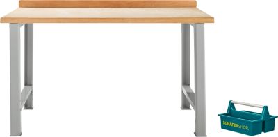Schäfer Shop Select modulare Werkbank, Grundeinheit, Buche Multiplexplatte, bis 500 kg, B 1500 x T 700 x H 840 mm, weißaluminium + gratis Tragekasten Carry