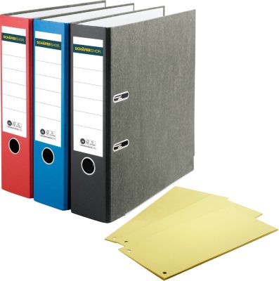 Schäfer Shop Select Ordner, A4, Rückenbreite 80 mm, Qualitäts-Hebelmechanik, Griffloch, 20 Stück, schwarz + gratis Trennstreifen, gelb, 100 Stück