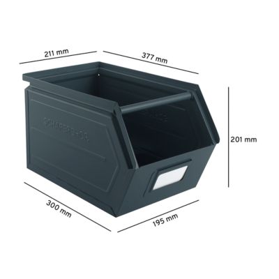 Schäfer Shop Select Sichtlagerkasten, mit Tragestab, L 377 x B 211 x H 201 mm, 11,5 l, 60 kg, Stahl, RAL 5008 (graublau)