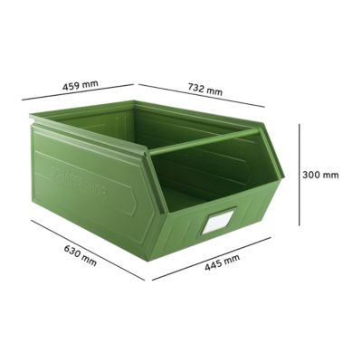Schäfer Shop Select Sichtlagerkasten, mit Tragestab, L 732 x B 459 x H 300 mm, 84 l, 180 kg, Stahl, RAL 6011 (resadagrün)