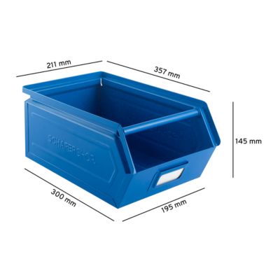 Schäfer Shop Select Sichtlagerkasten mit Tragestab, Stahl, L 359 x B 211 x H 145 mm, 8,5 l, 60 kg, RAL 5015 (himmelblau)