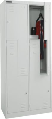 Schäfer Shop Select Vestiaire, 4 compartiments avec tablette supérieure &amp; tringle à vêtements ainsi que 4 casiers, portes en Z, serrure à cylindre, avec socle, L 800 x P 450 x H 1850 mm, acier revêtu par poudre, gris clair/gris clair
