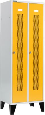 Schäfer Shop Select Vestiaire, à bandes perforées, 2 compartiments, 300 mm, sur pieds, serrure à came batteuse, porte jaune colza