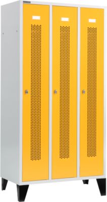 Schäfer Shop Select Vestiaire, à bandes perforées, 3 compartiments, 300 mm, sur pieds, serrure à came batteuse, porte jaune colza