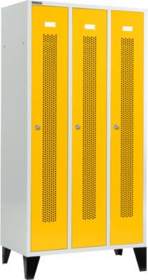 Schäfer Shop Select Vestiaire, à bandes perforées, 3 compartiments, 300 mm, sur pieds, serrure à cylindre, porte jaune colza