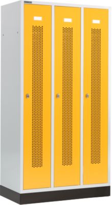 Schäfer Shop Select Vestiaire, à bandes perforées, 3 compartiments, 300 mm, sur socle, serrure à came batteuse, porte jaune colza