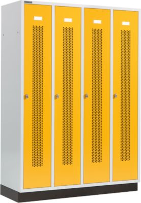Schäfer Shop Select Vestiaire à bandes perforées, 4 compartiments, sur socle, serrure à came batteuse, porte jaune colza