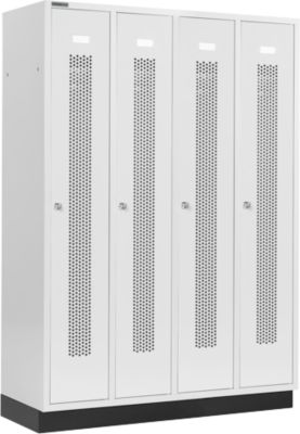 Schäfer Shop Select Vestiaire à bandes perforées, 4 compartiments, sur socle, serrure à cylindre, porte gris clair
