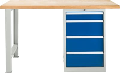 Schäfer Shop Select Werkbank, 4 Schübe, Grundeinheit, B 1500 mm, lichtgrau RAL 7035/enzianblau RAL 5010 