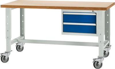 Schäfer Shop Select Werkbank, mobil, höhenverstellbar, Unterbau, 2 Schübe & Zentralverschluss, bis 200 kg, B 1500 mm, l.grau RAL 7035/enz.blau RAL 5010