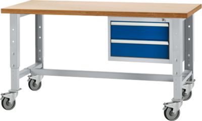 Schäfer Shop Select Werkbank, mobil, höhenverstellbar, Unterbau, 2 Schübe & Zentralverschluss, bis 200 kg, B 1500 mm, w.alu. RAL 9006/enz.blau RAL 5010