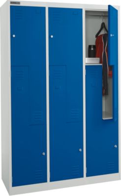 Schäfer Shop Vestiaire Select, 6 compartiments avec tablette supérieure & tringle à vêtements ainsi que 6 casiers, portes en Z, serrure à cylindre, avec socle, L 1200 x P 450 x H 1850 mm, acier revêtu par poudre, gris clair/bleu gentiane