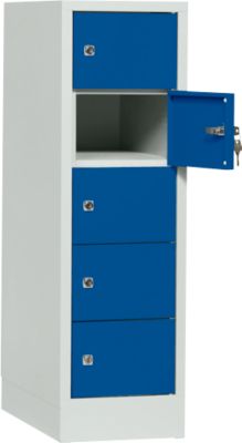 Schließfachschrank, Stahlbl., Türanschl. rechts, Zylinderschloss, 5 Fächer, B 300 x H 965 mm, l.grau RAL 7035/e.blau RAL 5010