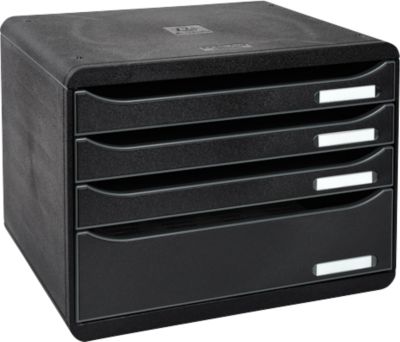 Schubladenbox BIG-BOX PLUS HORIZON QUER, A4+, 4 halboffene Schübe mit Auszugsstopp, Griffmulde & Etikettenhalter, Etiketten, Blauer Engel, schwarz