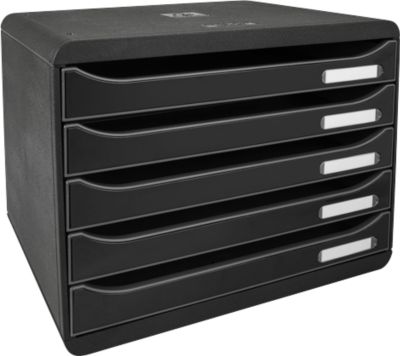 Schubladenbox BIG-BOX PLUS HORIZON QUER, A4+, 5 halboffene Schübe mit Auszugsstopp, Griffmulde & Etikettenhalter, Etiketten, Blauer Engel, schwarz