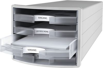 Schubladenbox HAN Impuls 2.0, 4 Schubladen, Format A4, stapelbar, offen, grau/transparent-klar