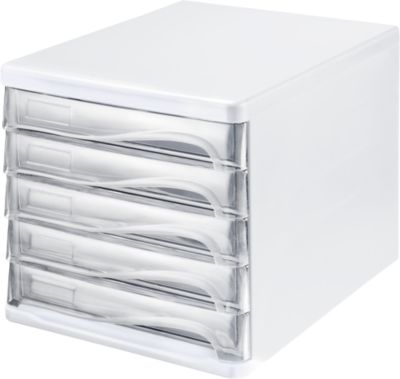 Schubladenbox helit, 5 Schübe, DIN A4, B 265 x H 250 x T 340 mm, Polypropylen, Gehäuse weiß/Schublade glasklar