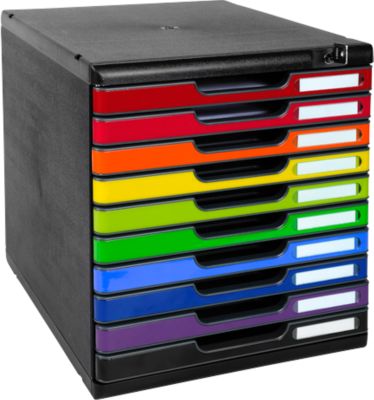 Schubladenbox MODULO, Format A4+, 10 abschließbare Schübe, geschlossen, Griffmulde & Etikettenhalter, 2 Schlüssel, Blauer Engel, Kunststoff, harlekin