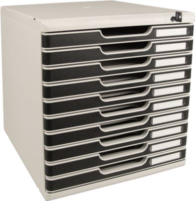 Schubladenbox MODULO, Format A4+, 10 abschließbare Schübe, geschlossen, Griffmulde & Etikettenhalter, 2 Schlüssel, Kunststoff, grau