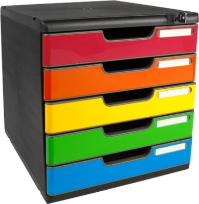 Schubladenbox MODULO, Format A4+, 5 abschließbare Schübe, geschlossen, Griffmulde & Etikettenhalter, 2 Schlüssel, Blauer Engel, Kunststoff, harlekin