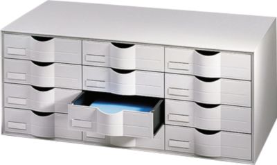 Schubladenbox Paperflow, A4, 12 Schübe, Teilauszug, geschlossene Fronten, Griffmulde & Etikettenhalter, Etiketten, B 813 x T 342 x H 329 mm, PS, grau