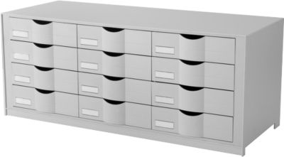 Schubladenbox Paperflow, Format A4, 12 Schübe mit geschlossener Front, Griffmulde & Etikettenhalter, Etiketten, B 857 x T 342 x H 350 mm, PS, grau