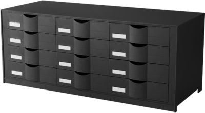 Schubladenbox Paperflow, Format A4, 12 Schübe mit geschlossener Front, Griffmulde & Etikettenhalter, Etiketten, B 857 x T 342 x H 350 mm, PS, schwarz