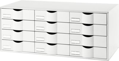 Schubladenbox Paperflow, Format A4, 12 Schübe mit geschlossener Front, Griffmulde & Etikettenhalter, Etiketten, B 857 x T 342 x H 350 mm, PS, weiß