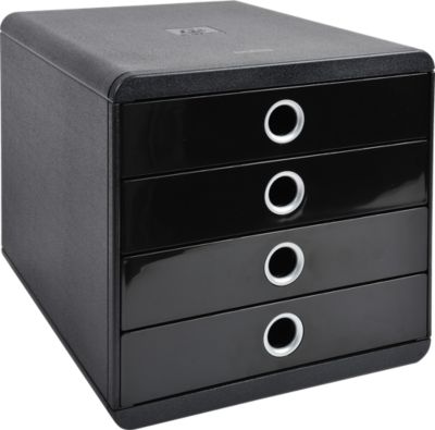 Schubladenbox POP-BOX Schwarz/Silber, 4 geschlossene Laden, A4/A4+/24x32 cm, leise, Sicherheitsstopp