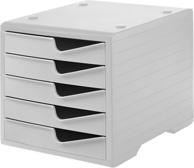 Schubladenbox styro® styroswing, 5 Schübe, Auszugsperre & Griffmulde, stapelbar, B 270 x T 340 x H 255 mm, Polystyrol, grau-grau