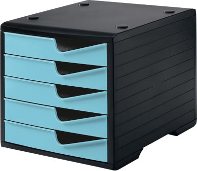 Schubladenbox styro® styroswing, 5 Schübe, Auszugsperre & Griffmulde, stapelbar, B 270 x T 340 x H 255 mm, Polystyrol, schwarz-aqua