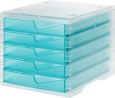 Schubladenbox styro® styroswing light, 5 Schübe, Auszugsperre & Griffmulde, stapelbar, B 270 x T 340 x H 255 mm, Polystyrol, transparent-aqua