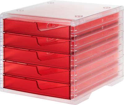 Schubladenbox styro® styroswing light, 5 Schübe, Auszugsperre & Griffmulde, stapelbar, B 270 x T 340 x H 255 mm, Polystyrol, transparent-rot