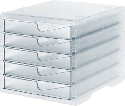 Schubladenbox styro® styroswing light, 5 Schübe, Auszugsperre & Griffmulde, stapelbar, B 270 x T 340 x H 255 mm, Polystyrol, transparent-transparent