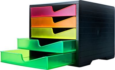 Schubladenbox styro® styroswing NEONline, 5 Schübe, Auszugsperre & Griffmulde, stapelbar, B 270 x T 340 x H 255 mm, Polystyrol, schwarz-multicolor
