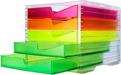 Schubladenbox styro® styroswing NEONline, 5 Schübe, Auszugsperre & Griffmulde, stapelbar, B 270 x T 340 x H 255 mm, Polystyrol, transparent-multicolor