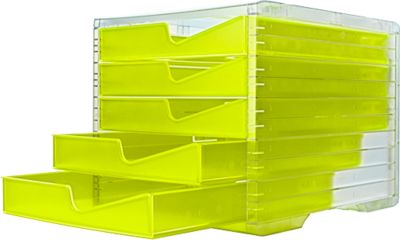Schubladenbox styro® styroswing NEONline, 5 Schübe, Auszugsperre & Griffmulde, stapelbar, B 270 x T 340 x H 255 mm, Polystyrol, transparent-neongelb