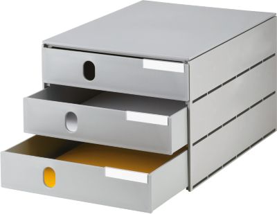Schubladenbox styro® Styroval, Format C4, 3 geschlossene Schübe, stapelbar, Beschriftungsmaterial, B 243 x T 335 x H 200 mm, Recycling-Kunststoff, grau
