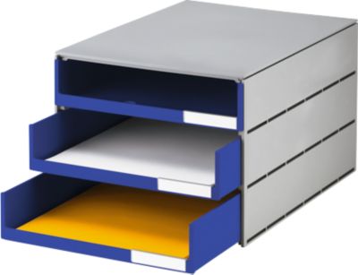 Schubladenbox styro® Styroval, Format C4, 3 offene Schübe, stapelbar, Beschriftungsmaterial, B 243 x T 335 x H 200 mm, Recycling-Kunststoff, grau-blau
