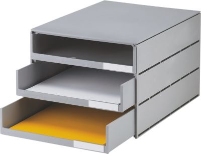 Schubladenbox styro® Styroval, Format C4, 3 offene Schübe, stapelbar, Beschriftungsmaterial, B 243 x T 335 x H 200 mm, Recycling-Kunststoff, grau