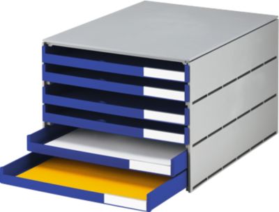 Schubladenbox styro® Styroval, Format C4, 6 offene Schübe, stapelbar, Beschriftungsmaterial, B 243 x T 335 x H 200 mm, Recycling-Kunststoff, grau-blau