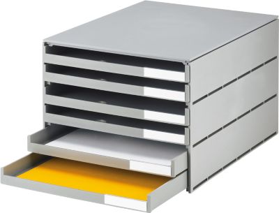 Schubladenbox styro® Styroval, Format C4, 6 offene Schübe, stapelbar, Beschriftungsmaterial, B 243 x T 335 x H 200 mm, Recycling-Kunststoff, schwarz-grau