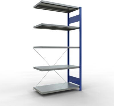 Schulte Lagertechnik Fachbodenregal Stecksystem MultiPlus250, Anbauregal, 5 Fachböden, Kreuzstrebe, B 1000 x T 500 x H 2000 mm, Enzianblau RAL 5010